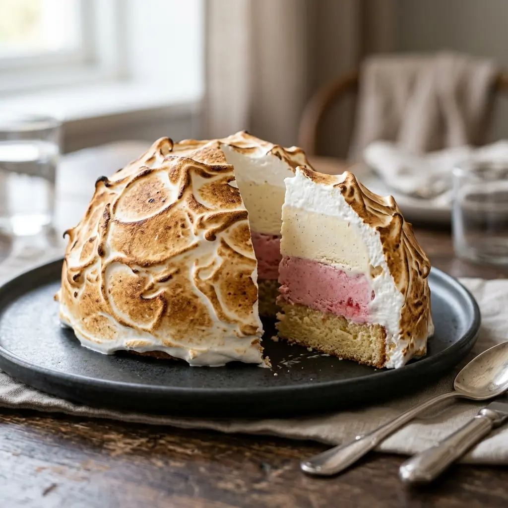 Deserta receptes saldējuma torte “Baked Alaska” foto