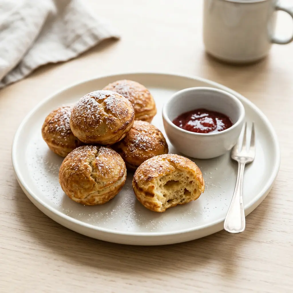Foto ar Saldētas dāņu æbleskiver pankūku bumbiņas karstā gaisa fritētājā, kas pagatavots karstā gaisa fritētājā