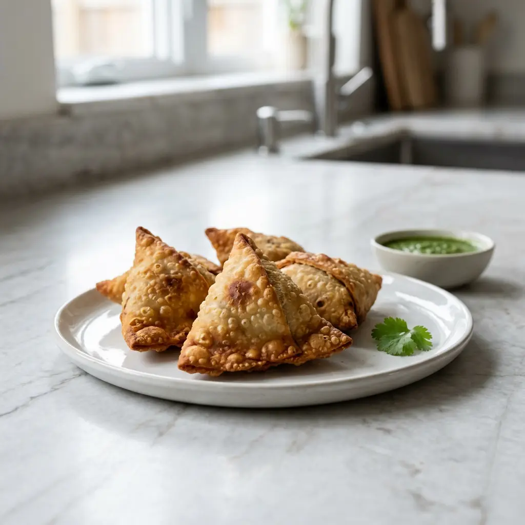 Foto ar Saldētas samosas karstā gaisa fritētājā, kas pagatavots karstā gaisa fritētājā