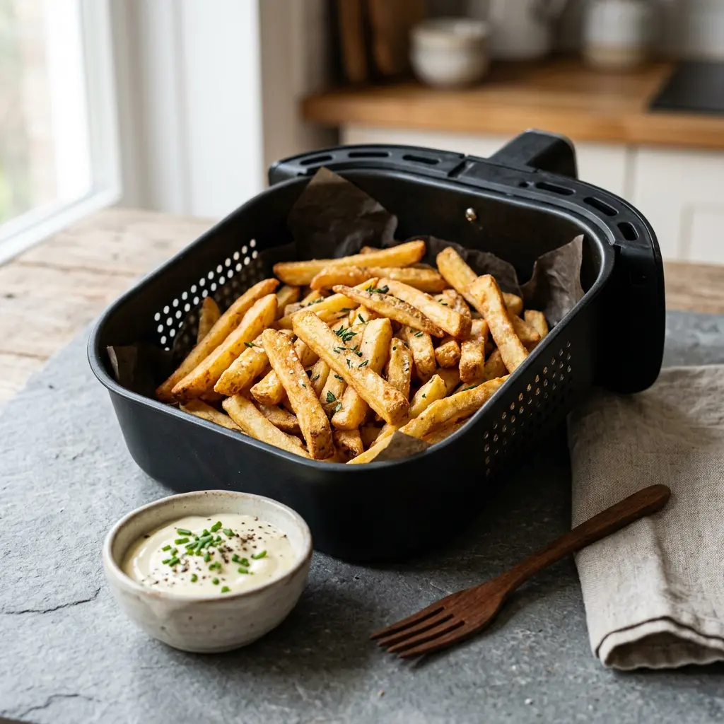 Foto ar Saldēti frī kartupeļi karstā gaisa fritētājā, kas pagatavots karstā gaisa fritētājā