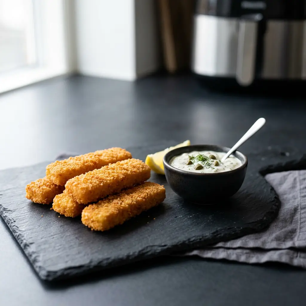 Foto ar Saldēti zivju pirkstiņi karstā gaisa fritētājā, kas pagatavots karstā gaisa fritētājā