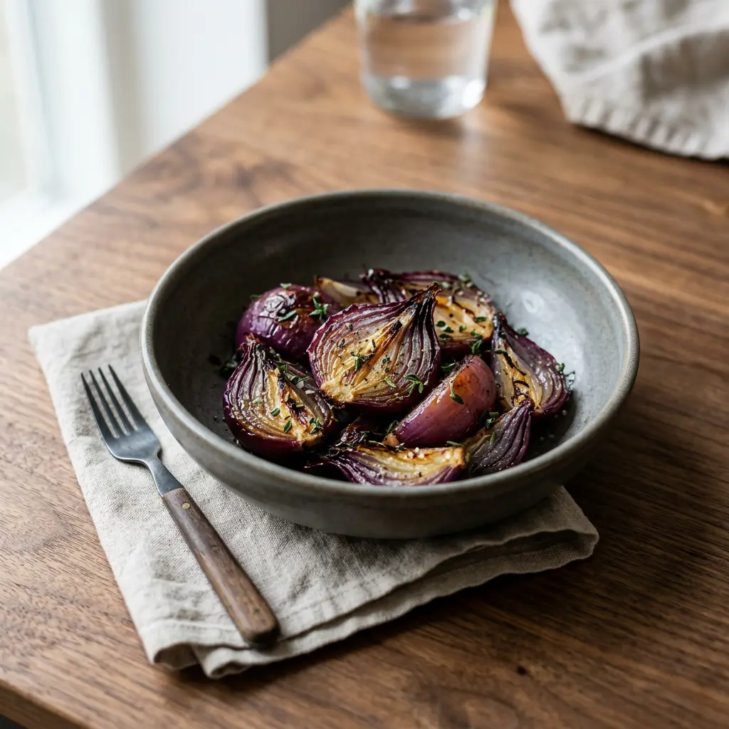 Foto ar Sarkanie sīpoli karstā gaisa fritētājā, kas pagatavots karstā gaisa fritētājā