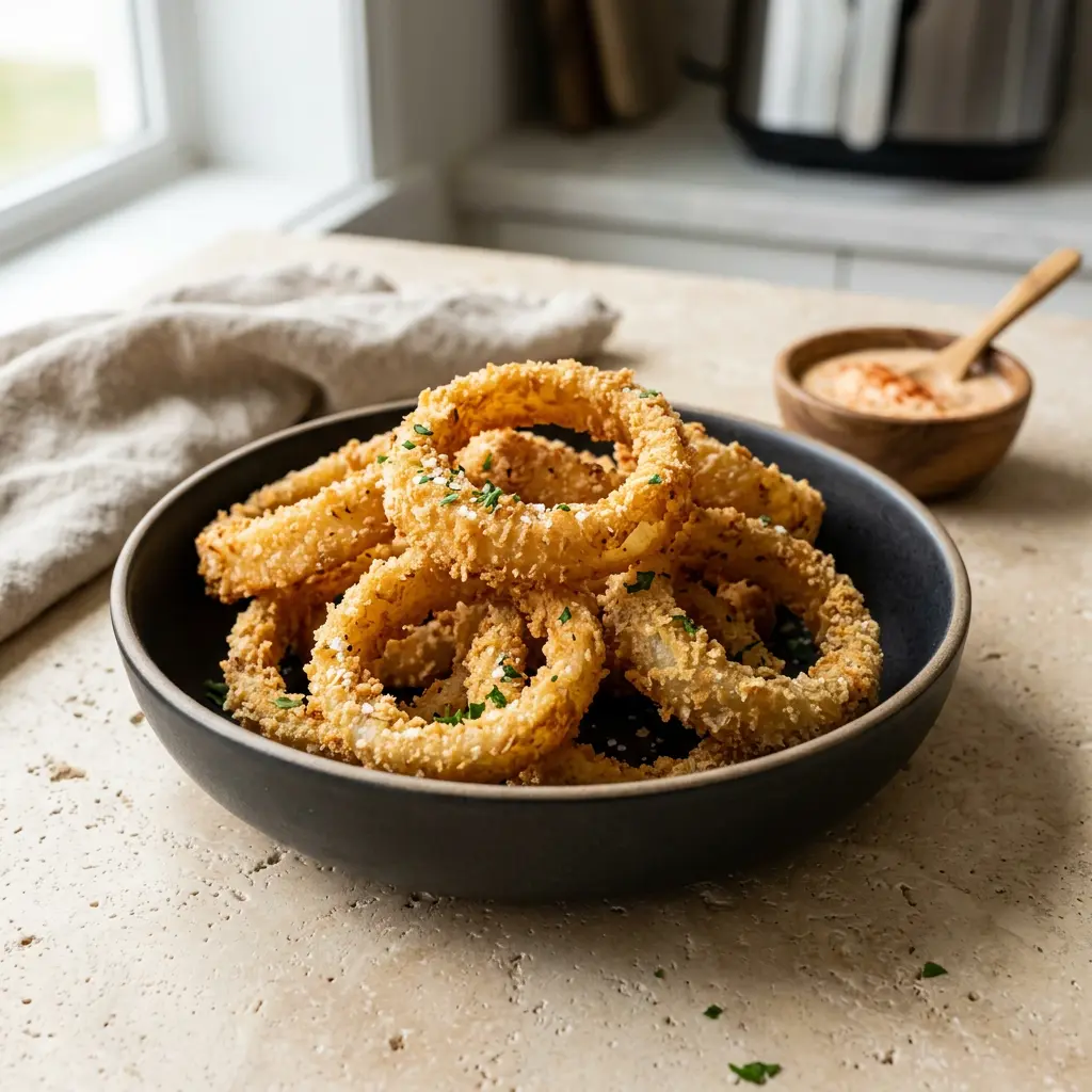 Foto ar Sīpolu gredzeni karstā gaisa fritētājā, kas pagatavots karstā gaisa fritētājā