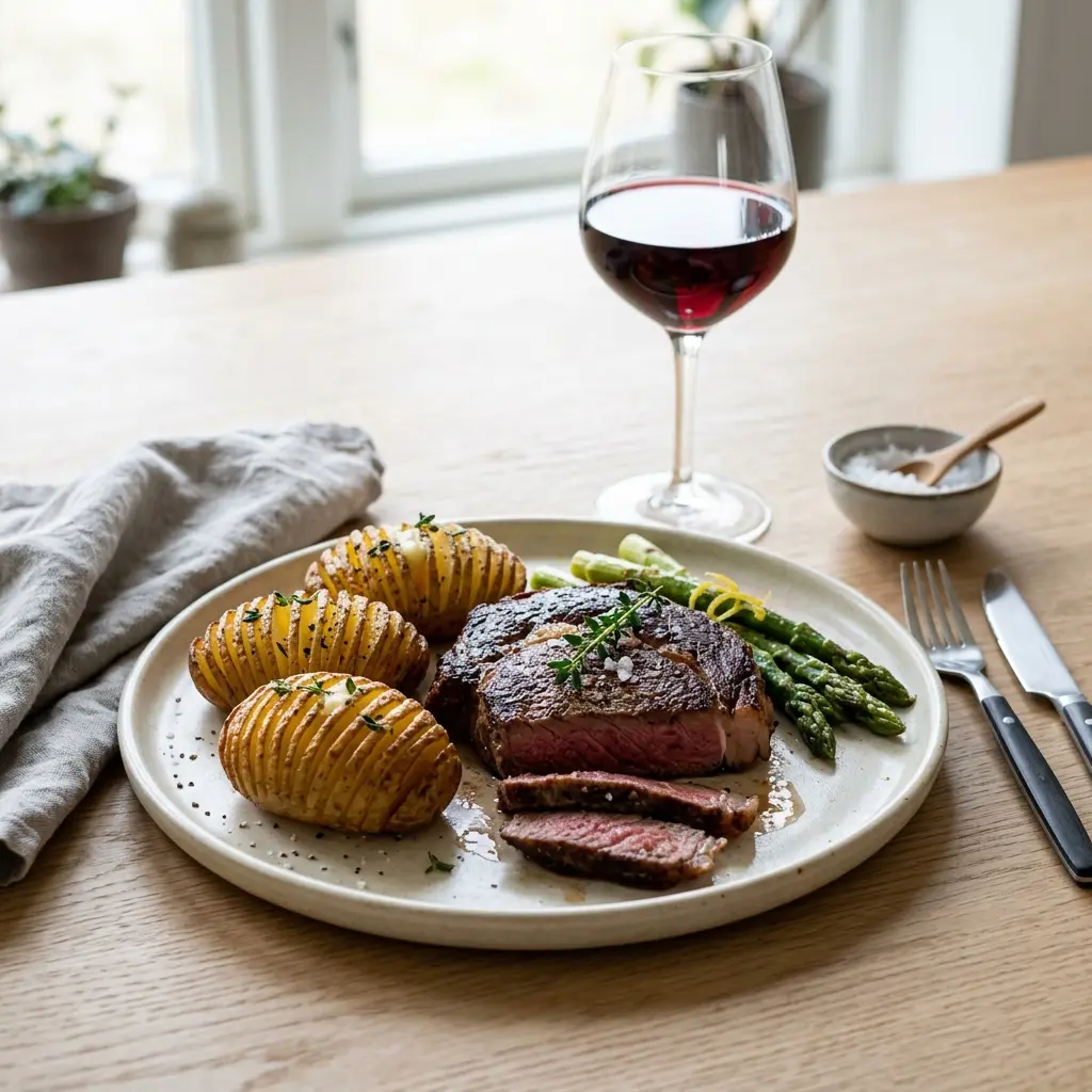 Gatavā ēdiena receptes steiks ar Hasselback kartupeļiem foto