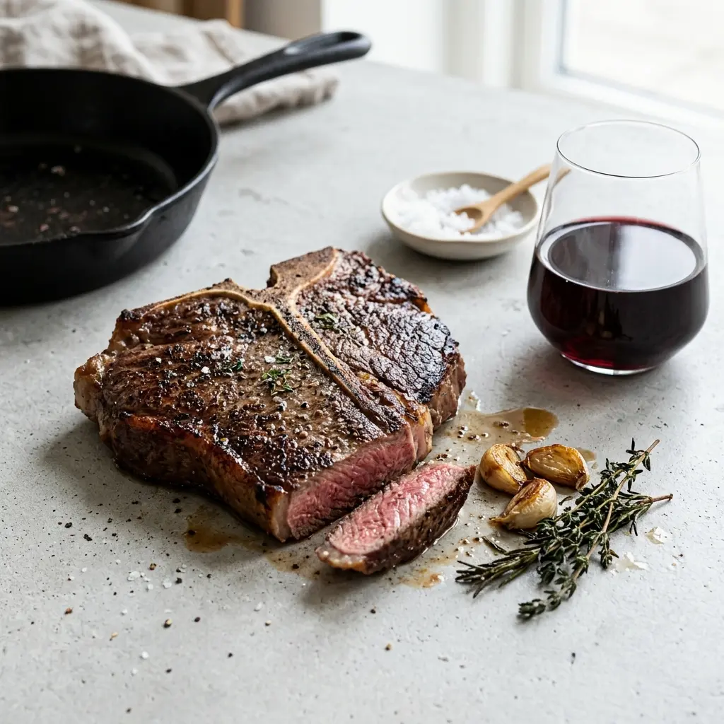 Gatavā ēdiena receptes T-bone steiks pannā foto