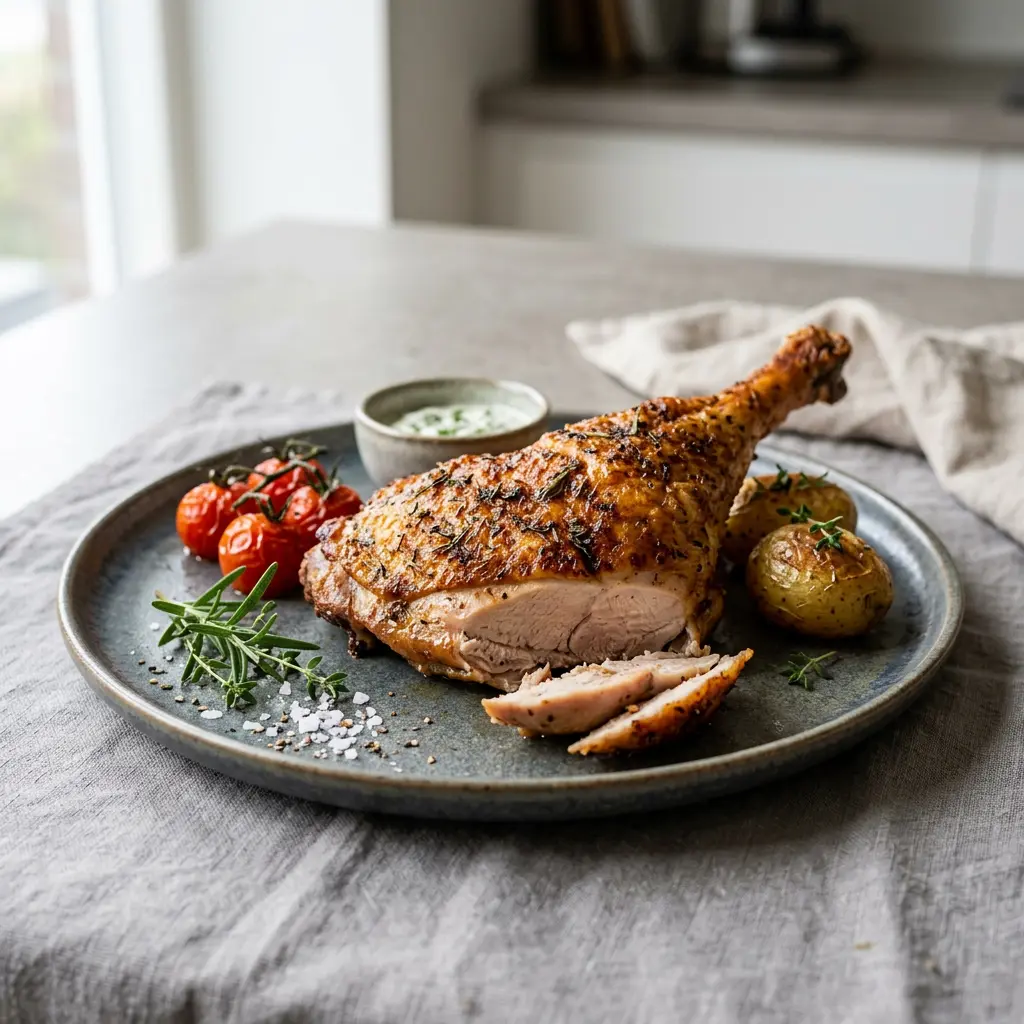 Foto ar Tītara kāja karstā gaisa fritētājā, kas pagatavots karstā gaisa fritētājā