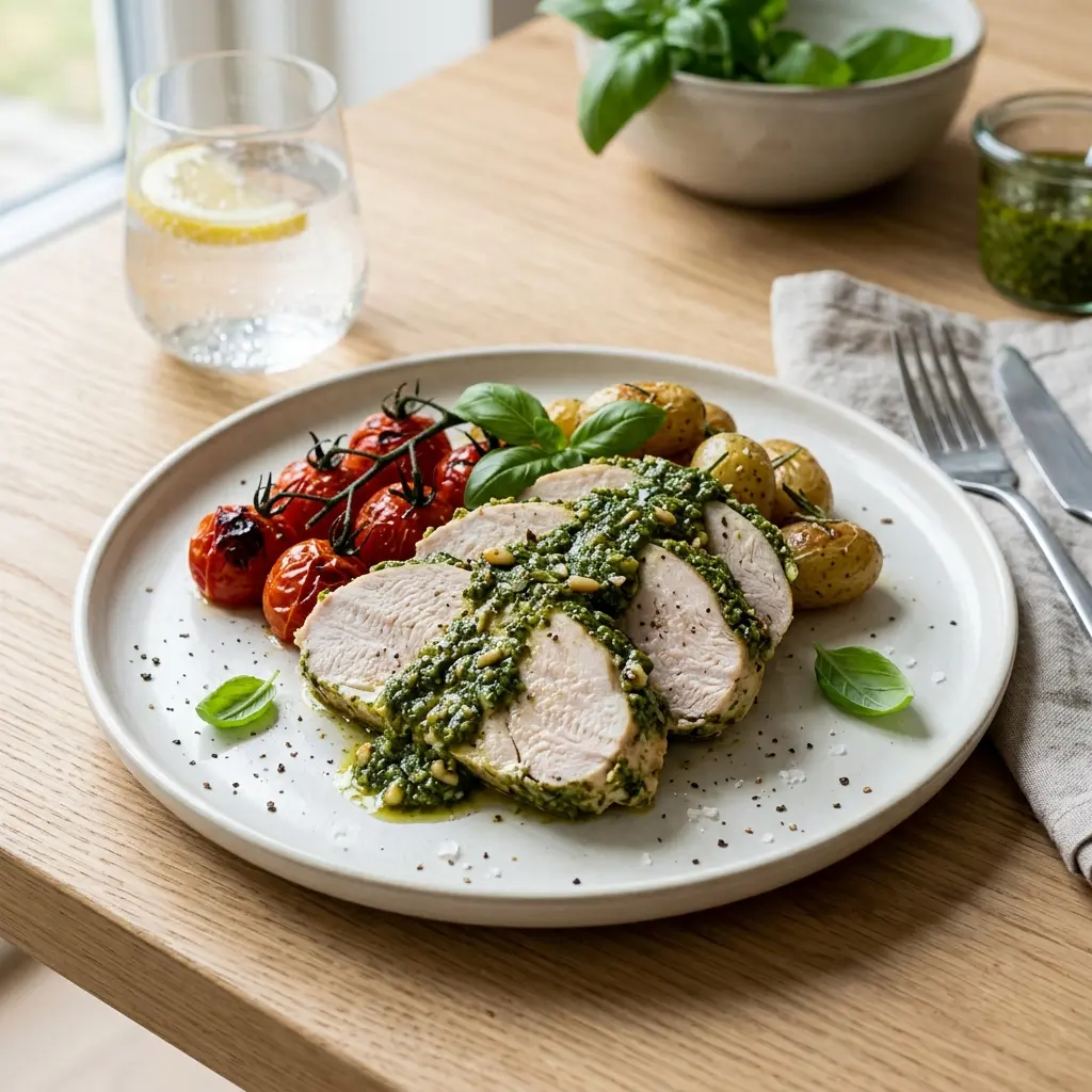 Mērces vai piedevas receptes tītara krūtiņa ar pesto foto
