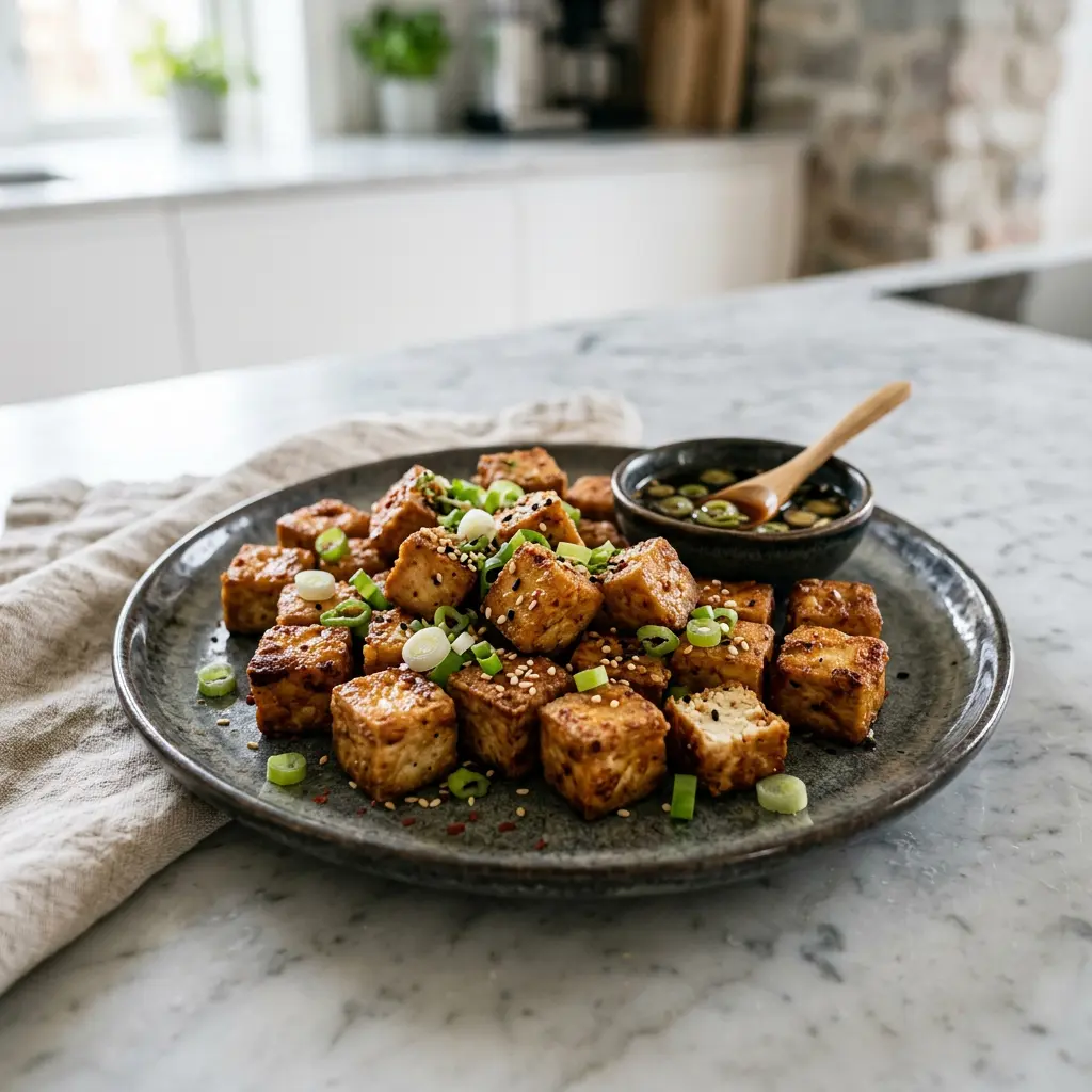 Foto ar Tofu karstā gaisa fritētājā, kas pagatavots karstā gaisa fritētājā
