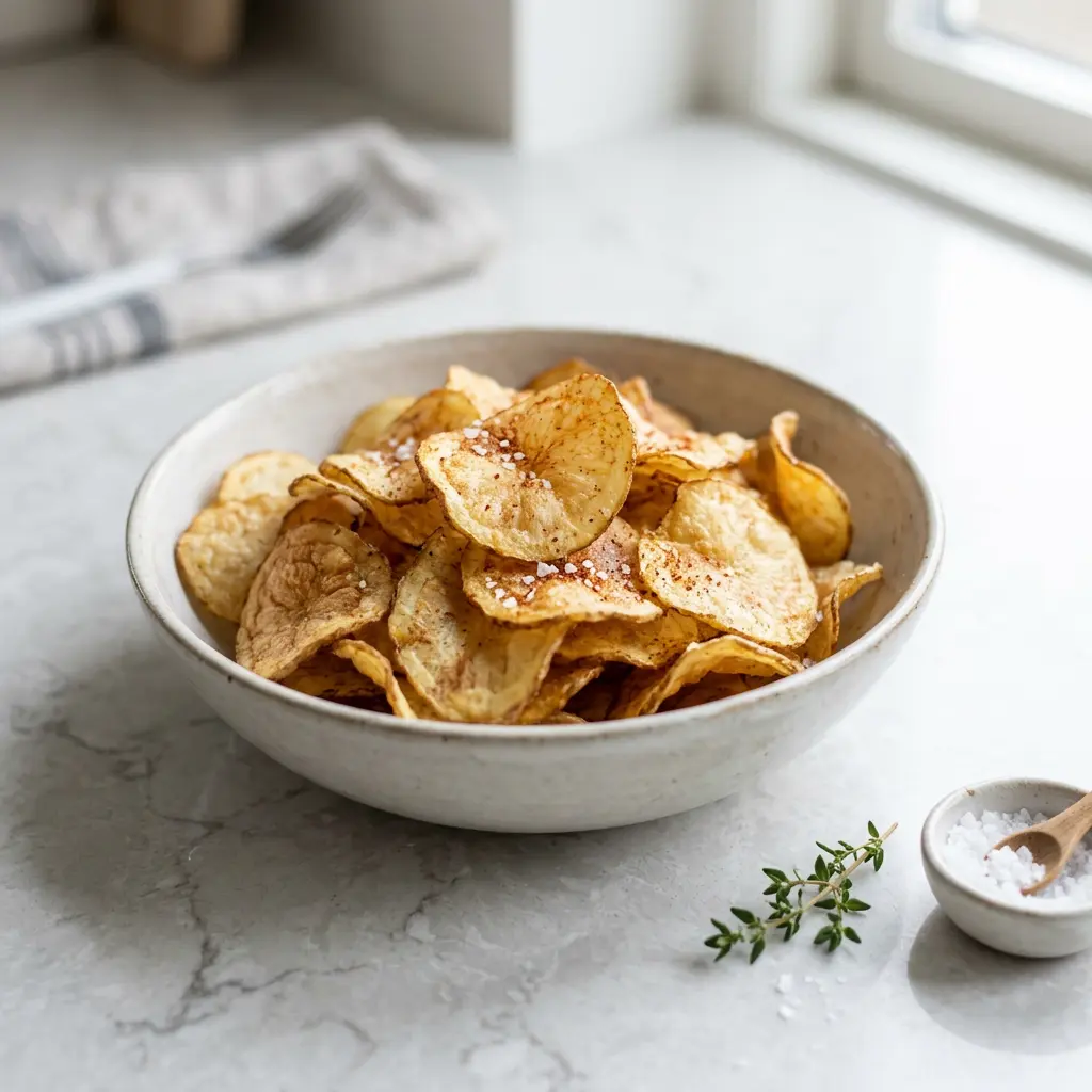 Foto ar Uzkodu čipsi karstā gaisa fritētājā, kas pagatavots karstā gaisa fritētājā