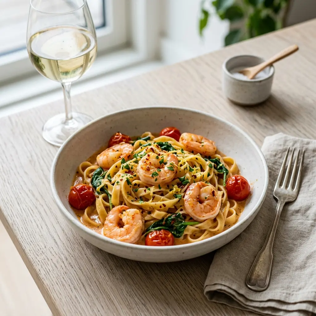 Gatavā ēdiena receptes viena katla pasta ar garnelēm foto