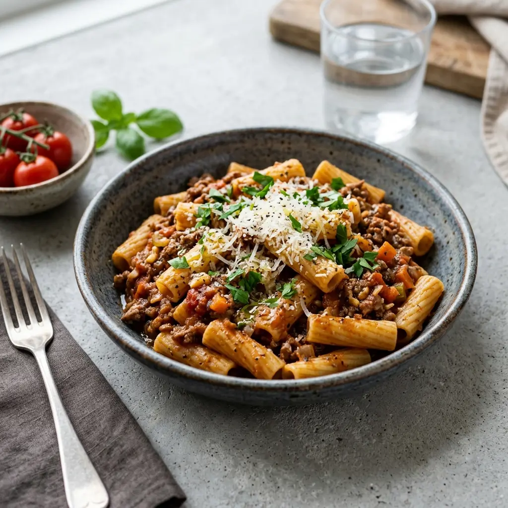 Gatavā ēdiena receptes viena katla pasta ar liellopa gaļu foto