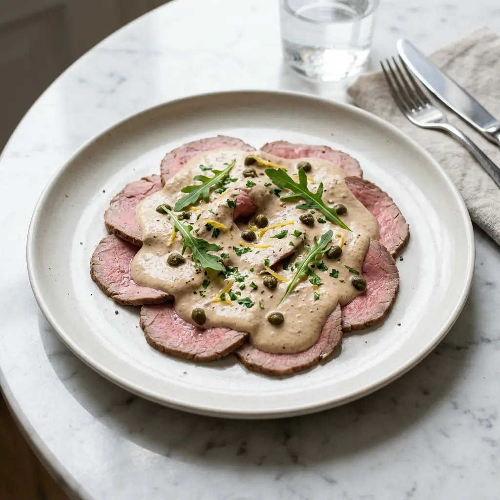 Gatavā ēdiena receptes vitello tonnato ar tunča mērci foto