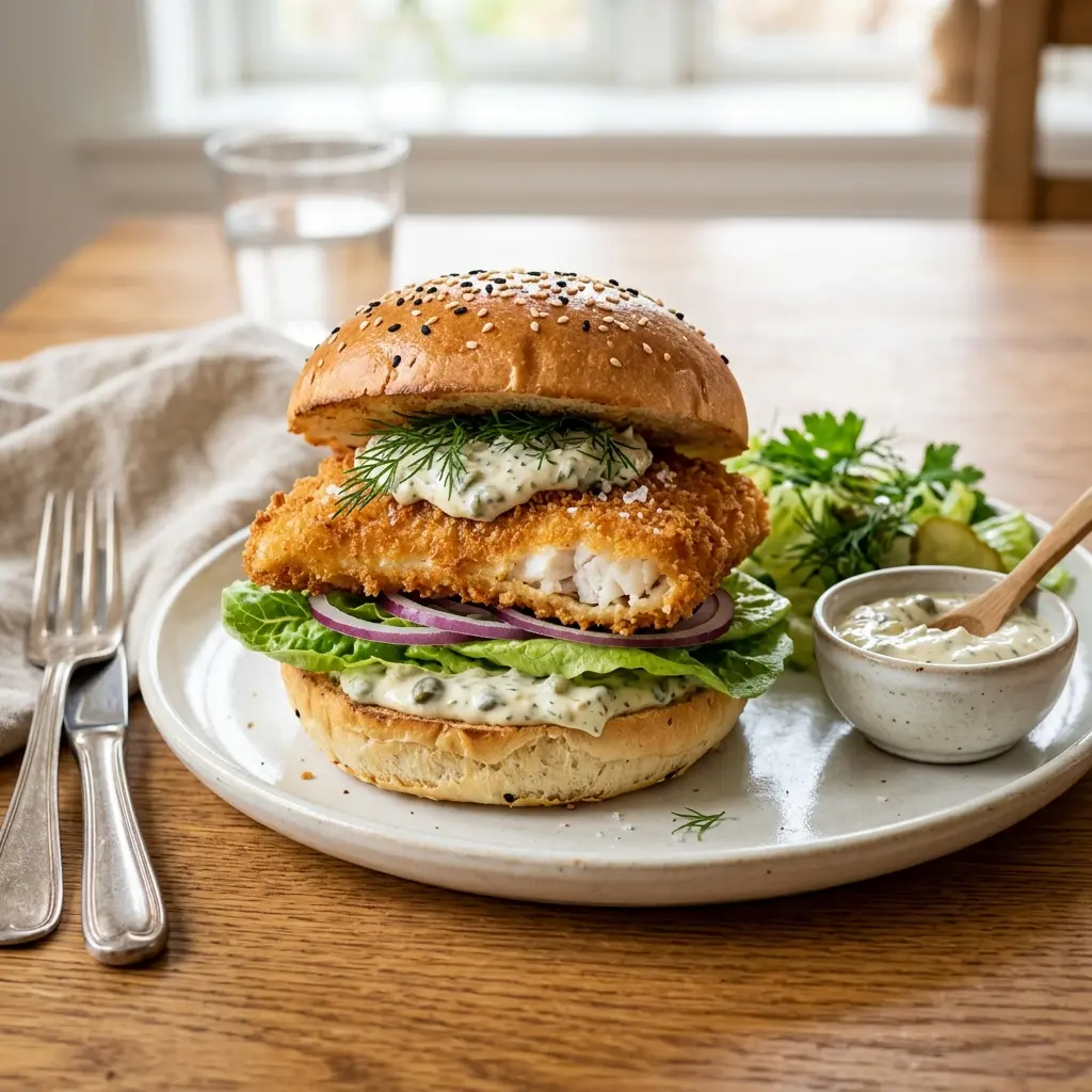 Gatavā ēdiena receptes zivju burgers ar jūras zeltpleksti foto