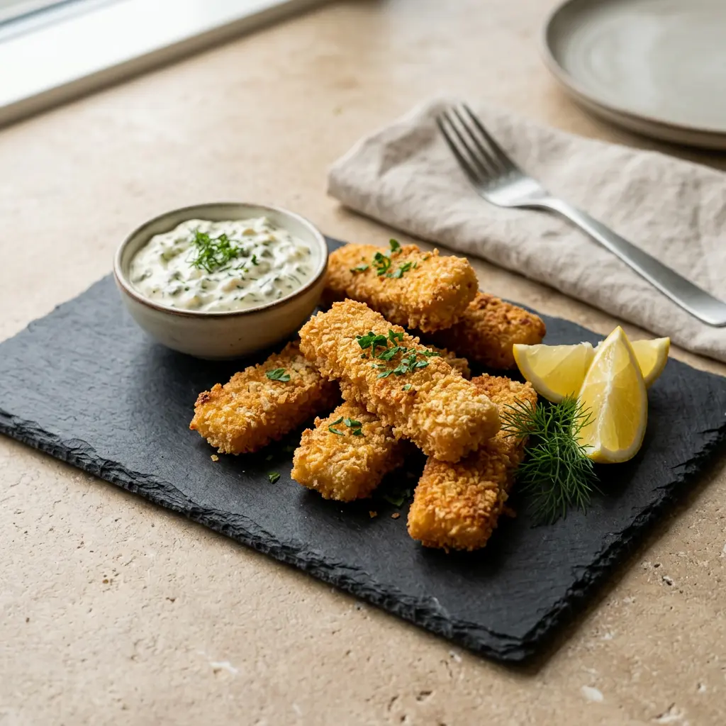 Foto ar Zivju pirkstiņi karstā gaisa fritētājā, kas pagatavots karstā gaisa fritētājā